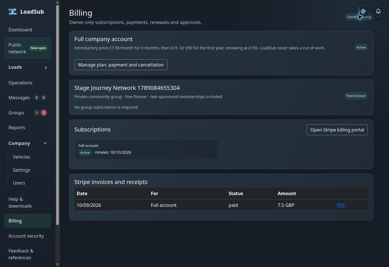 Real LoadSub staging billing screen showing demonstration membership status and plan options