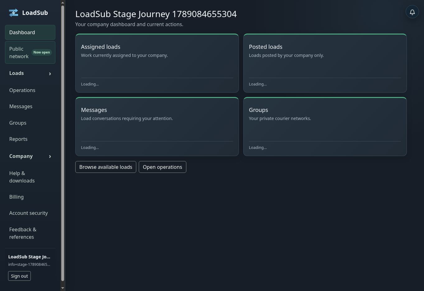Real LoadSub staging dashboard with demonstration company counters and load details