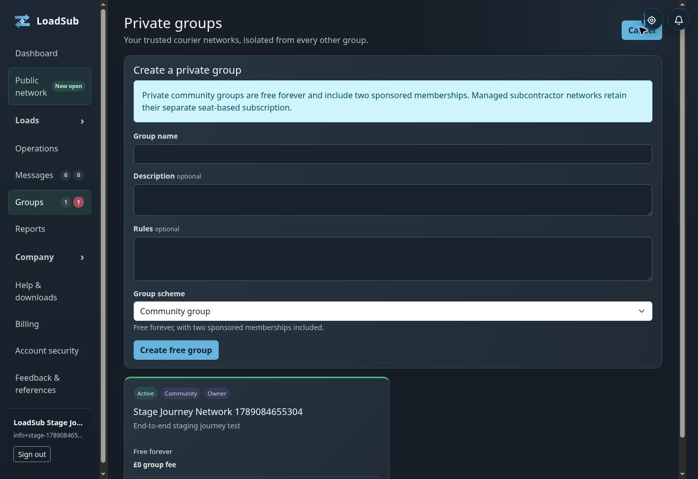 Real LoadSub staging private group page with demonstration member and compliance information