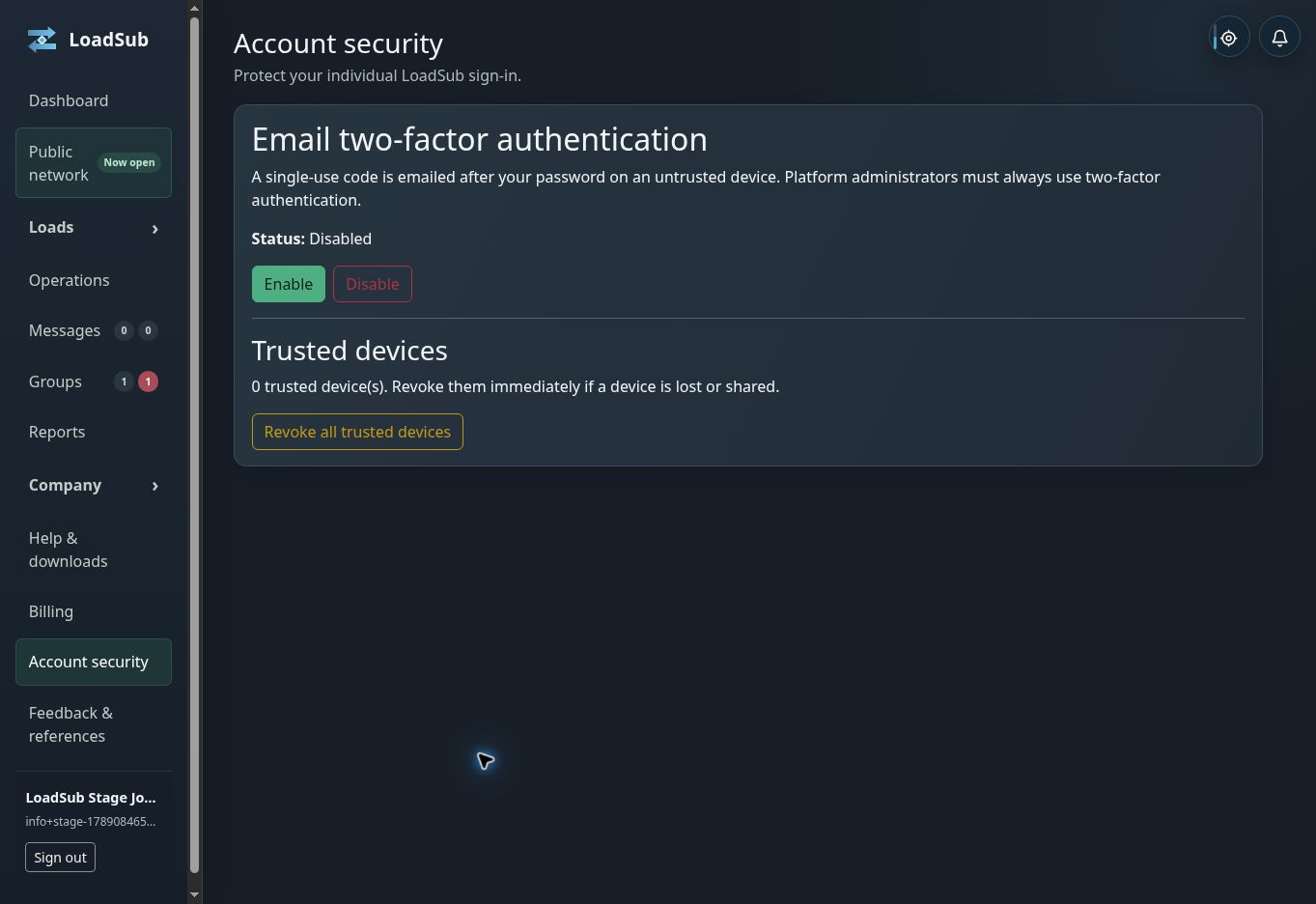 Real LoadSub staging account security screen showing email two-factor authentication and trusted devices