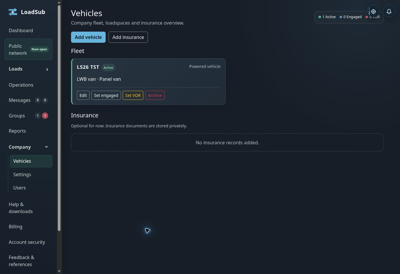 Real LoadSub staging vehicle screen populated with a demonstration vehicle